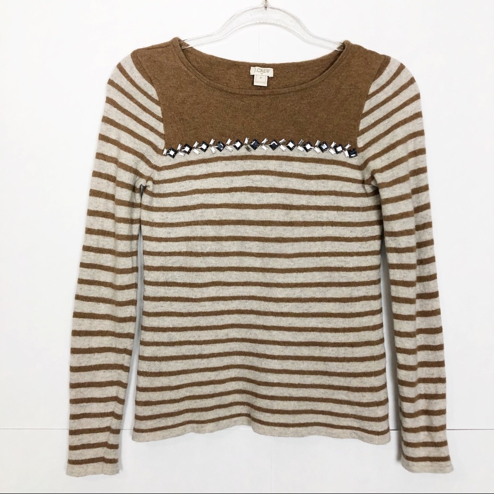 EUC J. Crew Tan Breton Striped Jeweled Pullover Sweater